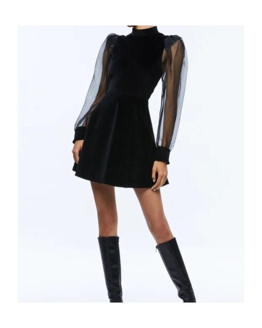 Alice + Olivia Black Paulette Mock-Neck Puff-Sleeve Dress