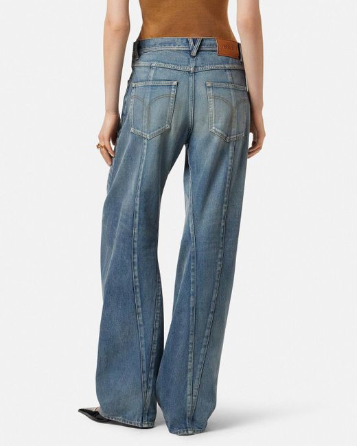 Versace Blue Logo-Patch Twisted Jeans