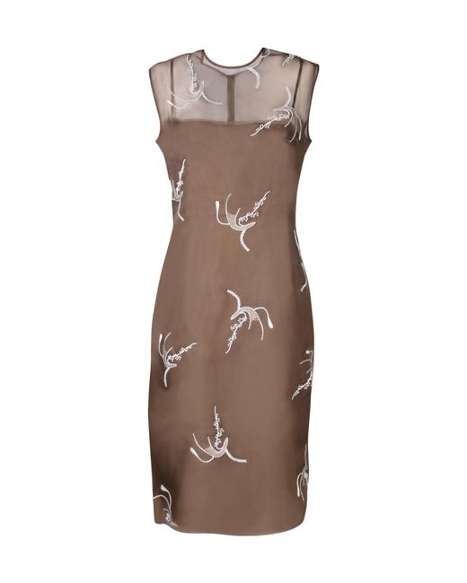 Prada Brown Allover Embroidered Sleeveless Midi Dress