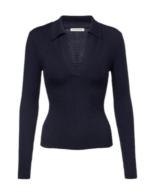 Emilia Wickstead Blue Austin Ribbed-Knit Wool Polo Sweater