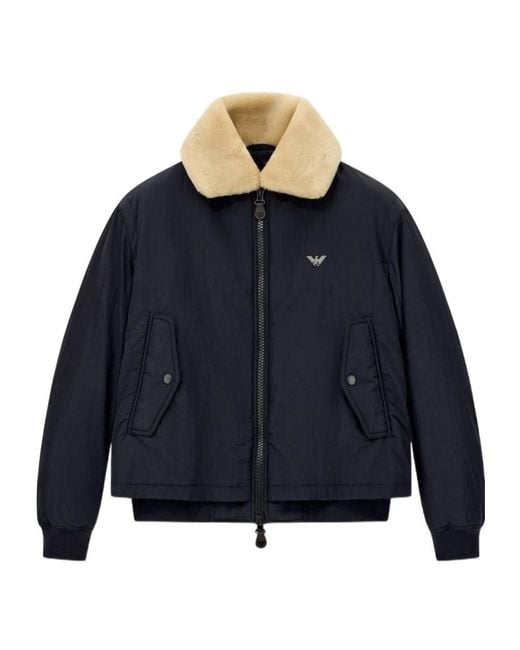 Emporio Armani Blue Cropped, Collared, Color-Block Padded Jacket With A Double-Layer Zipper for men