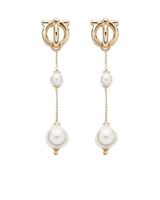 Ferragamo White Ferragamo Gancini Pearl Pendant Earrings
