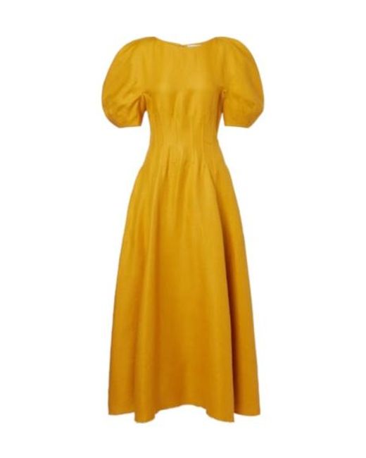 Gabriela Hearst Yellow Ranya Puff-Sleeve Linen Twill Maxi Dress