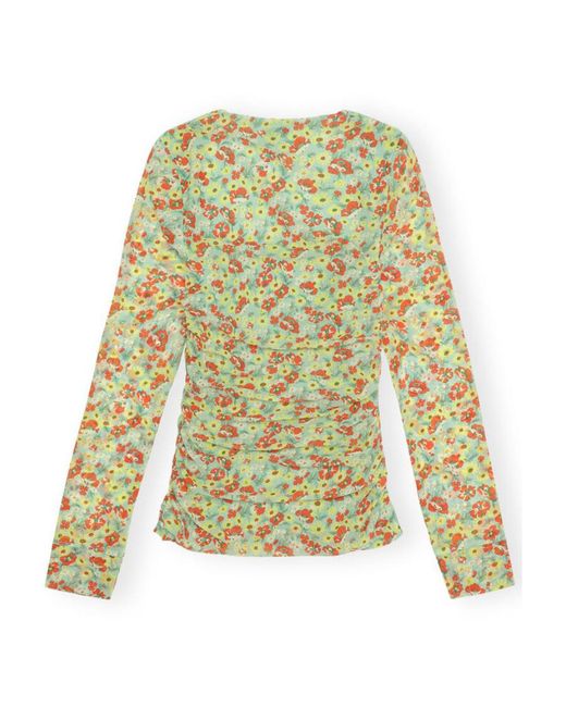 Ganni Green Floral Printed Square Neck Top
