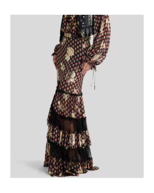 Etro Black Rose Patterned Asymmetric Midi Skirt