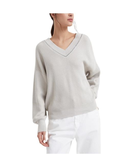 Brunello Cucinelli Gray Monili-Trim Ribbed Jumper