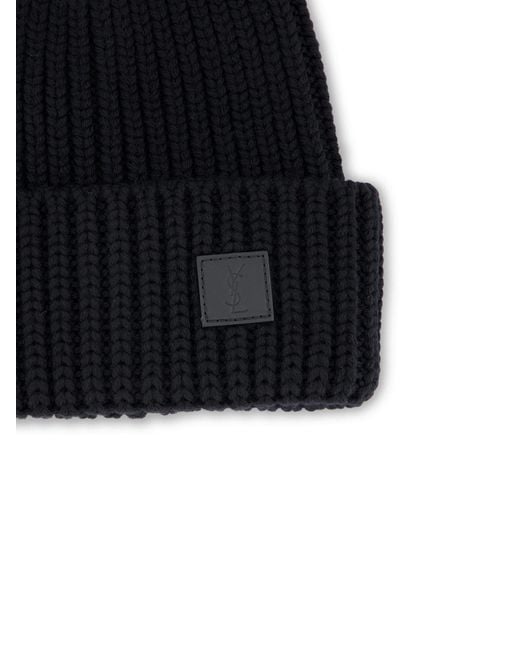 Saint Laurent Black Logo Patch Beanie for men