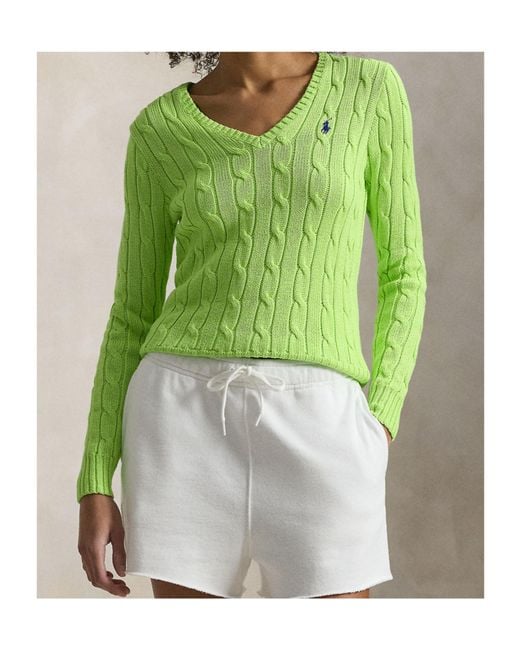 Polo Ralph Lauren Green Kimberly Cable-Knit V-Neck Sweater