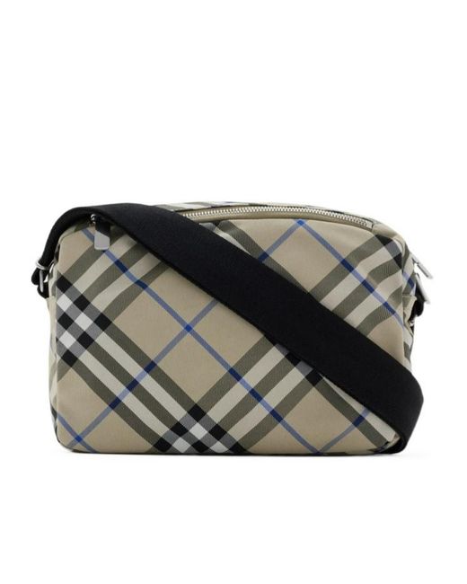 Burberry Gray Checked Logo Detailed Crossbody Bag for men