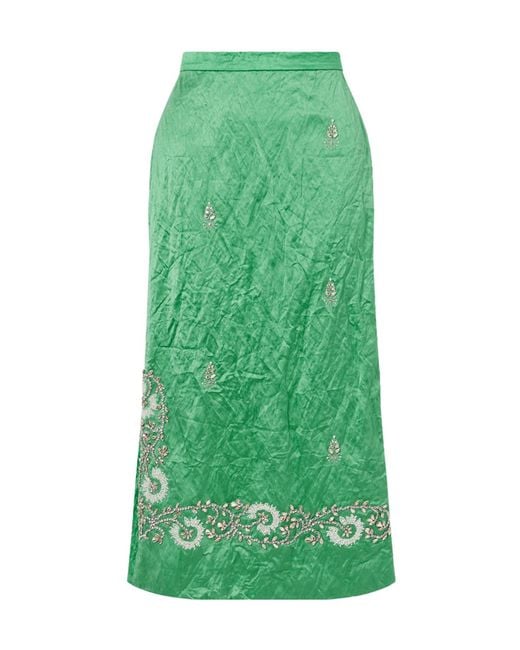 Erdem Green Floral-Embroidered Midi Skirt