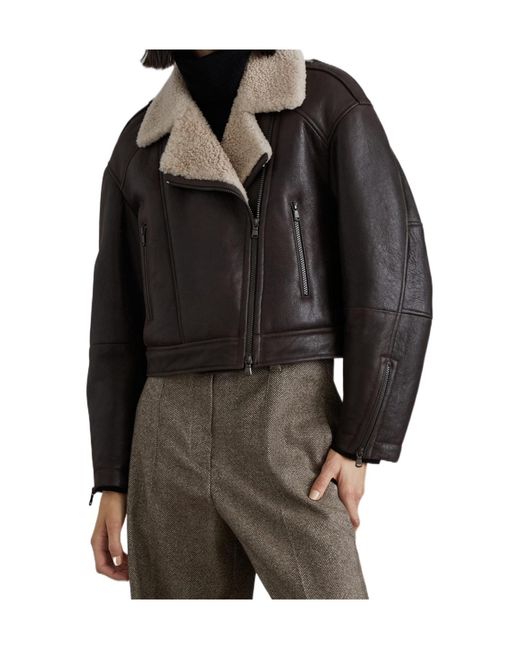 Brunello Cucinelli Black Shearling-Collar Cropped Biker Jacket