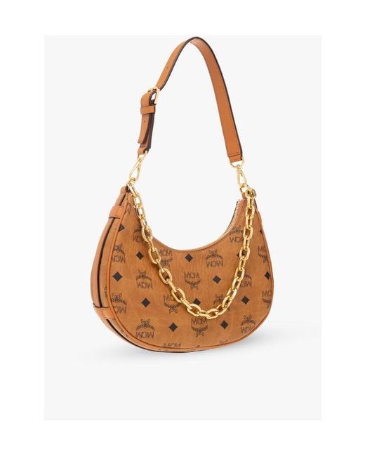 MCM White Aren Crescent Zipped Small Shoulder Bag