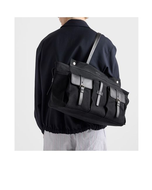 Prada Black Route Canvas And Leather Tote Bag for men