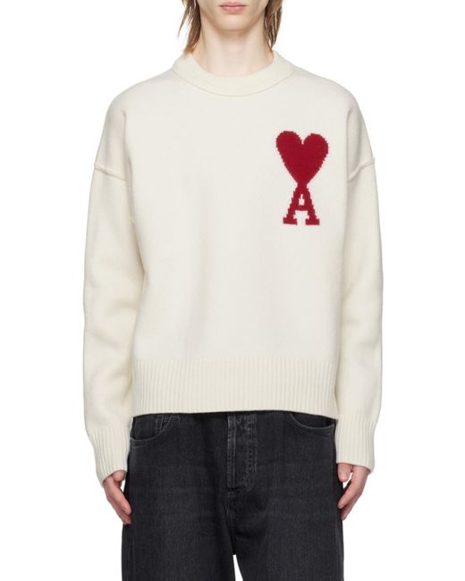 AMI White Ami De Coeur Crewneck Long-Sleeved Jumper for men