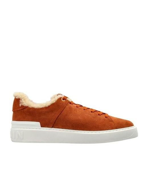 Balmain Brown B Court Shearling Low-Top Sneakers for men
