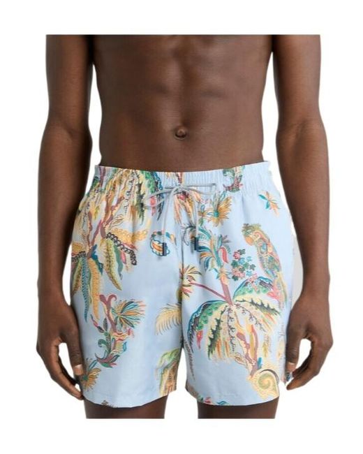 Etro Blue Swim Shorts With Placed Parrot And Palm Tree Print for men