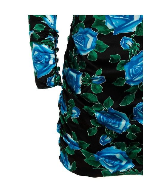 Alessandra Rich Blue Rose Printed Satin Draped Mini Dress
