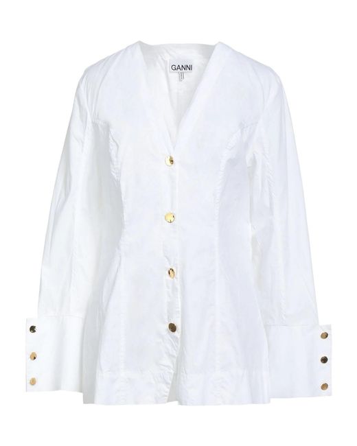Ganni White Solid Long Sleeve V-Neck Shirt