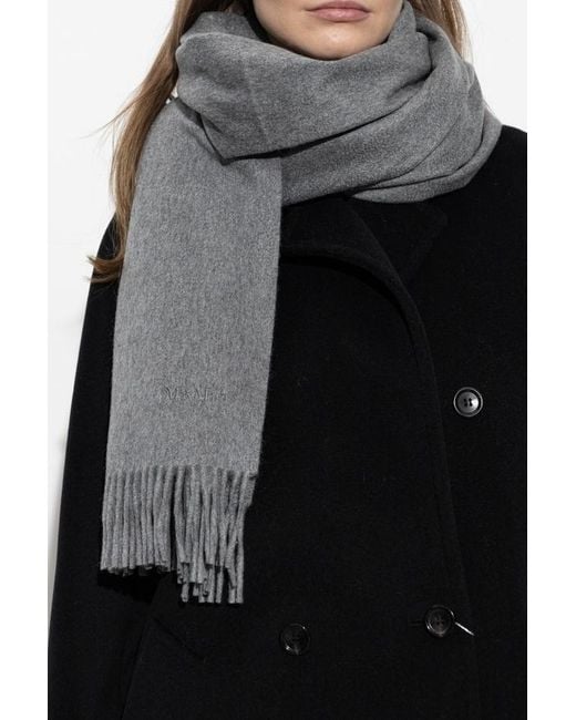 Max Mara Gray Fringed Logo-Embroidered Scarf