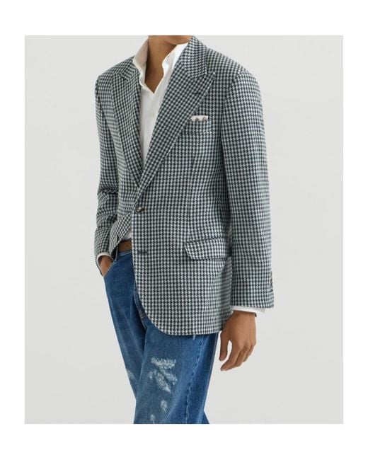 Brunello Cucinelli Blue Houndstooth-Pattern Blazer for men