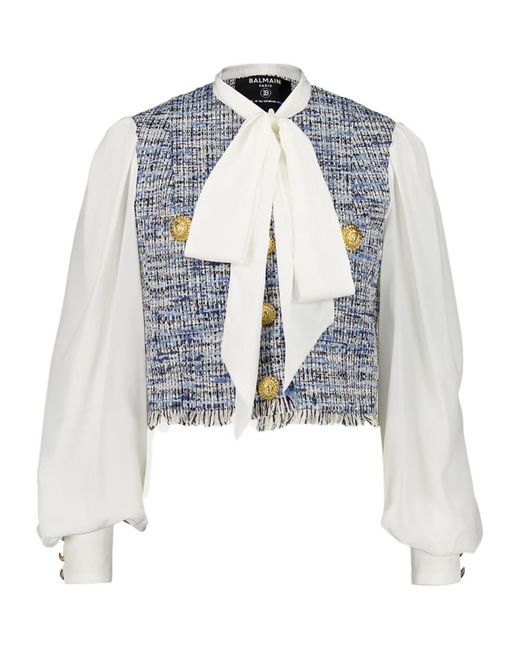 Balmain Blue Tie-Detailed Tweed Cropped Jacket