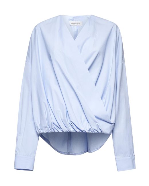 Dries Van Noten Blue V-Neck Poplin Top