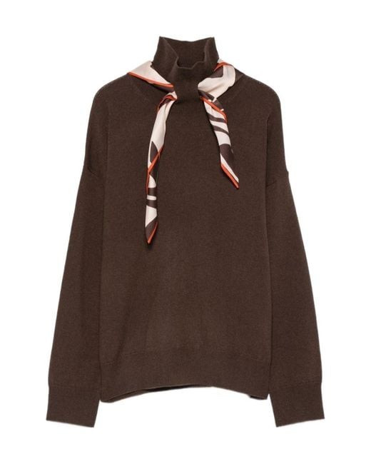 Seventy Brown Scarf-Detail Turtleneck Sweater