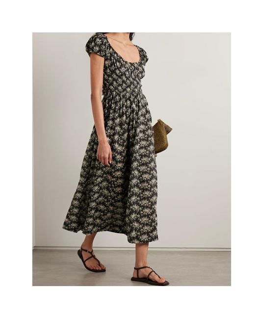 Doen Black Quinley Shirred Floral-Print Organic Cotton-Voile Midi Dress