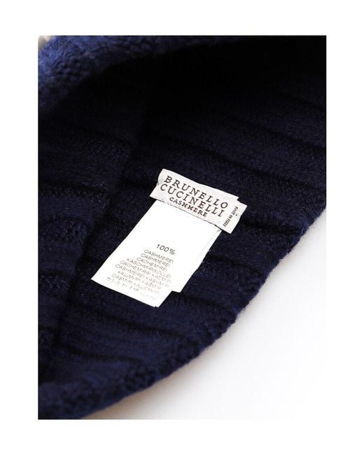 Brunello Cucinelli Blue Turn-Up Brim Ribbed Beanie for men