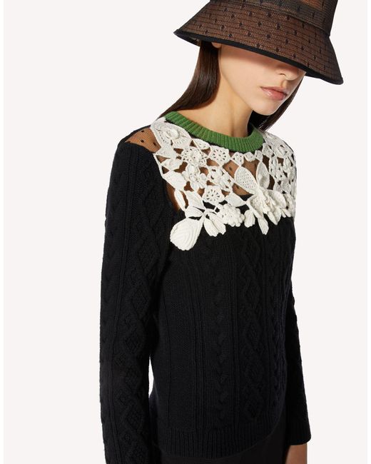 RED Valentino Black Lace-Insert Cable-Knit Jumper