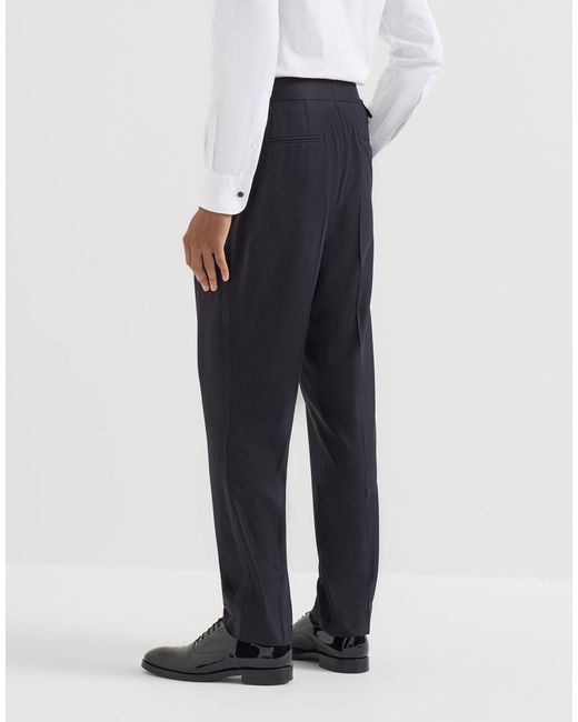 Brunello Cucinelli Blue Virgin Wool And Silk Lightweight Twill Tuxedo Trousers With Double Pleats And Waist Tabs for men