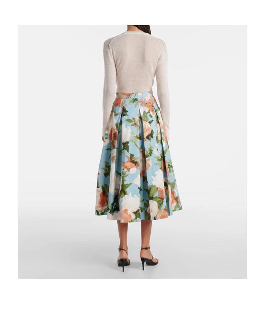 Erdem Green Floral Pleated Cotton Midi Skirt