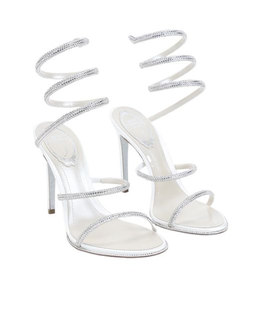 Rene Caovilla White Crystal Spiral Heeled Sandals