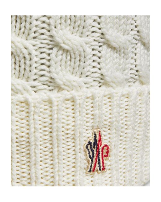 Moncler White Grenoble Cable Knit Pom Pom Beanie Hat