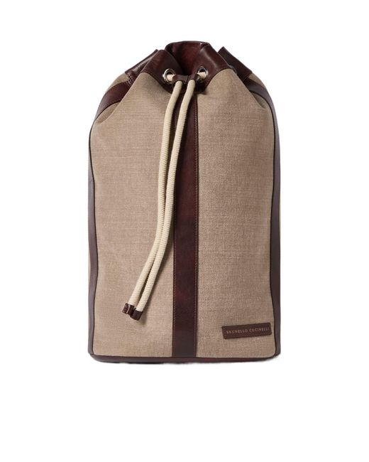 Brunello Cucinelli Brown Water-Resistant Canvas And Burnished Calfskin Drawstring Backpack for men