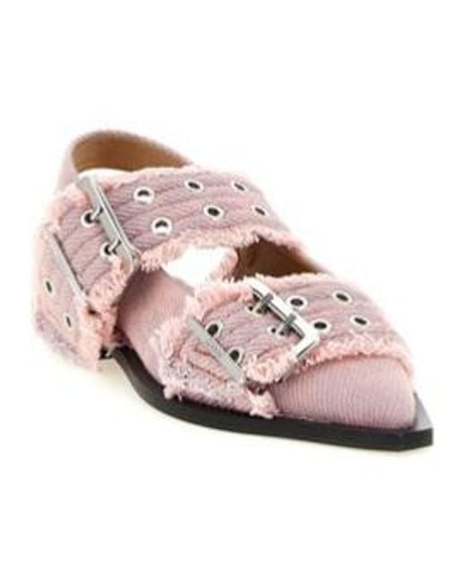 Ganni Pink Fringed Buckle Flat Mules