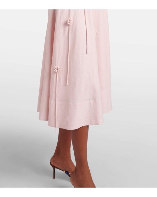 Farm Rio Pink Floral-Appliqué Linen-Blend Midi Dress