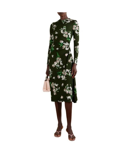 Erdem Green Gathered Floral-Print Jersey Midi Dress