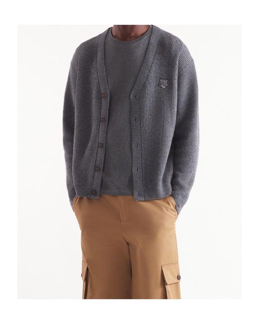 Maison Kitsuné Gray Maison Kitsuné Bold Fox Head Patch Knitted Cardigan for men
