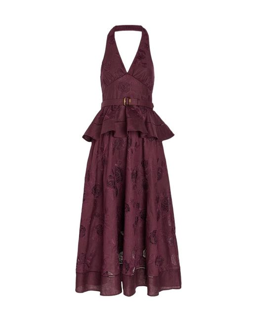 Self-Portrait Purple Floral-Embroidered Belted Linen And Cotton-Blend Midi Dress