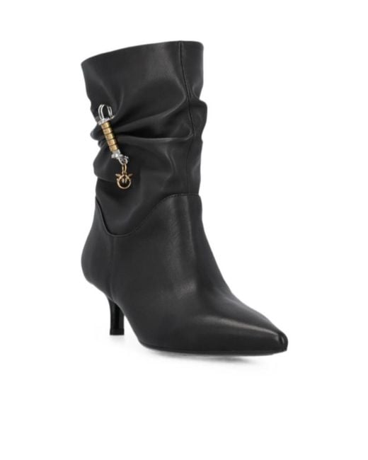 Pinko Black Ruched Logo-Charm Ankle Boots
