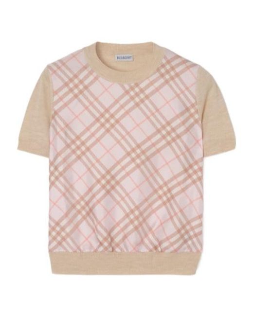 Burberry Pink Check Panel Wool Silk T-Shirt