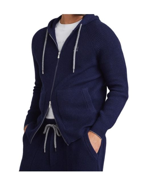Brunello Cucinelli Blue Logo Embroidered Zipped English Rib Knit Hooded Sweatshirt for men