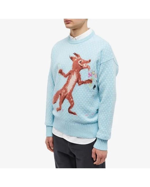 Maison Kitsuné Blue Flower Fox Intarsia-Knit Sweater for men