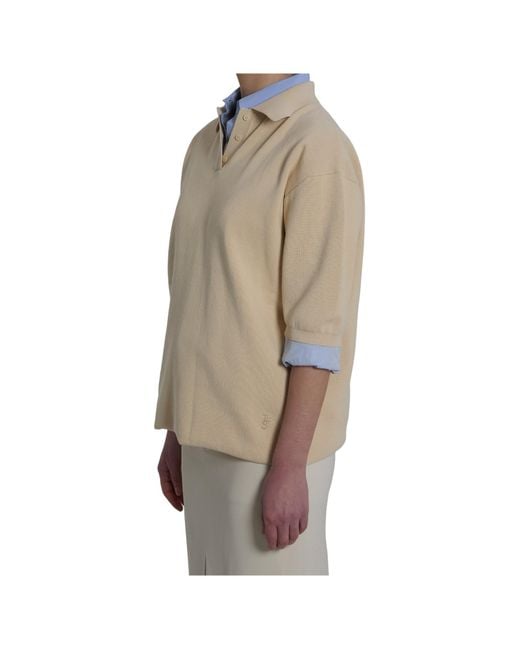 Frankie Shop Natural Nola Puff-Sleeve Knit Polo Top