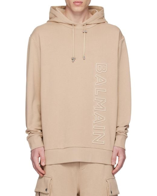 Balmain Natural Logo Embossed Drawstring Hoodie for men