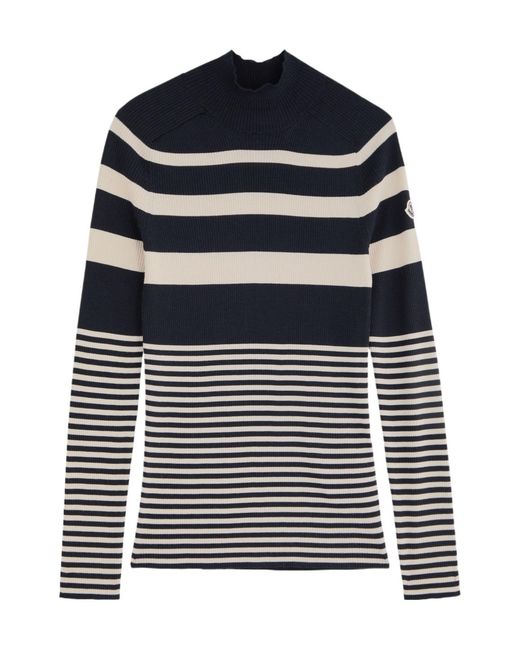 Moncler Blue Striped-Intarsia Ribbed Wool Top