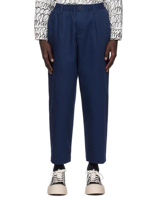Marni Blue Pleated Tapered Leg Gabardine Trousers for men