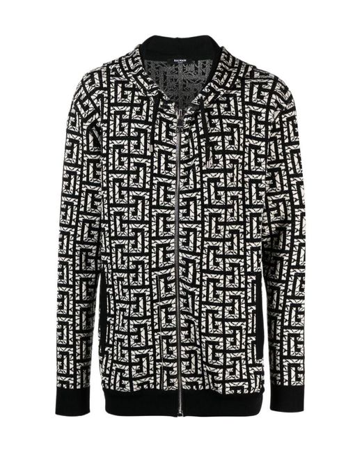Balmain Black Monogram Intarsia-Knit Zipped Hoodie for men