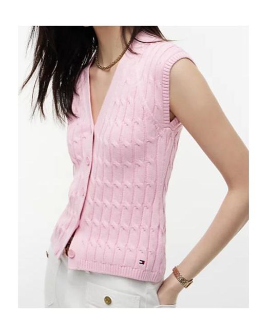 Tommy Hilfiger Pink Cable-Knit Sleeveless Cardigan